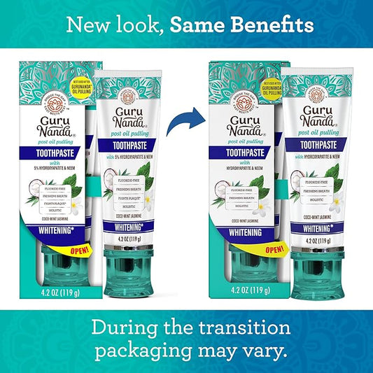 GuruNanda Hydroxyapatite Toothpaste, SLS & Fluoride Free, Whitening Toothpaste - Freshens Breath, Fights Plaque - Natural CocoMint Jasmine Neem, 4.2oz